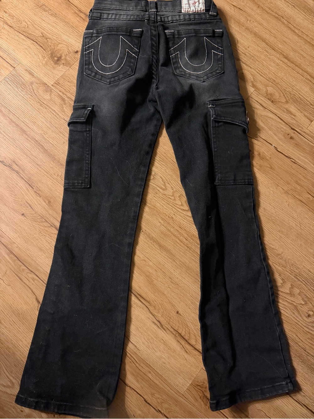 True Religion Kids’ Black Flared Cargo Jeans with Pink Horseshoe - Picture 2 of 4